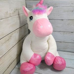 White Unicorn 16"t Pink Glitter Hooves/Horn Pastel Rainbow Mane/Tail Plush